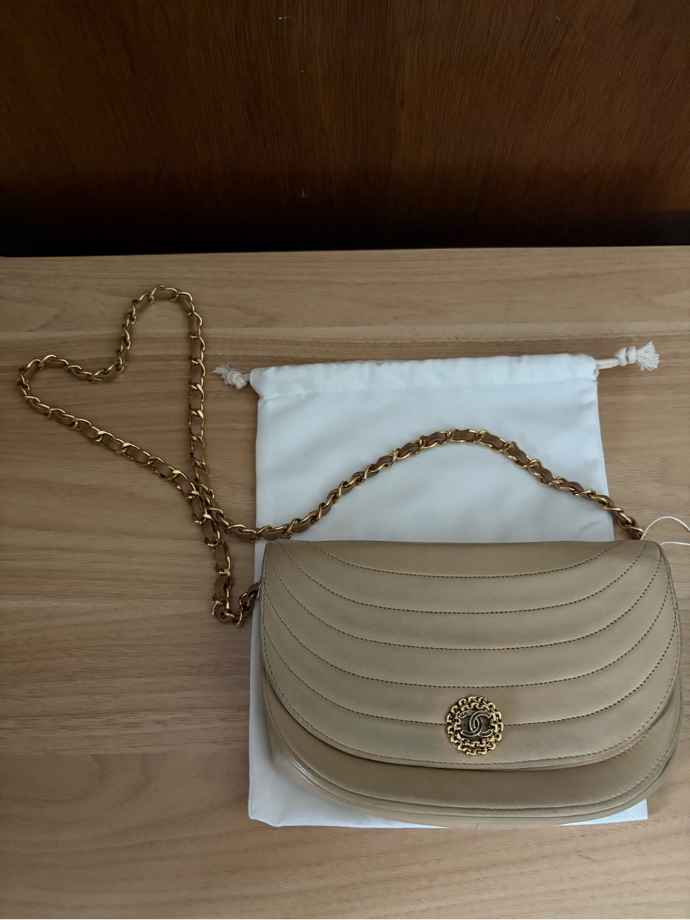 VTG CHANEL HALF MOON Flap Shoulder Bag Beige Leather Authenticated